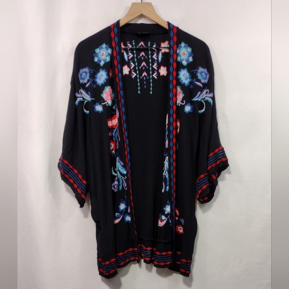 Curations Embroidered Floral Gauze Kimono Women's M/L Black Blue Boho Retro 90s - Picture 2 of 10